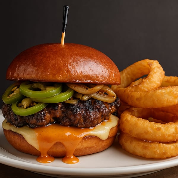 William's Barbecue burger with melted cheese, jalapeños, caramelized onions, and a side of onion rings.